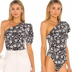 Free People Black and White Floral One-Shoulder Bodysuit